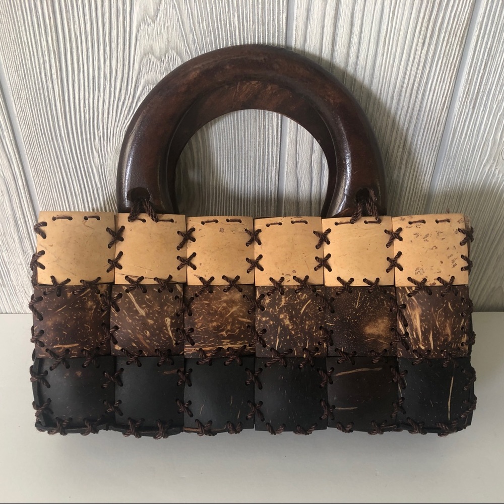 Vintage Coconut Shell Patchwork Pursetop Handles … - image 1